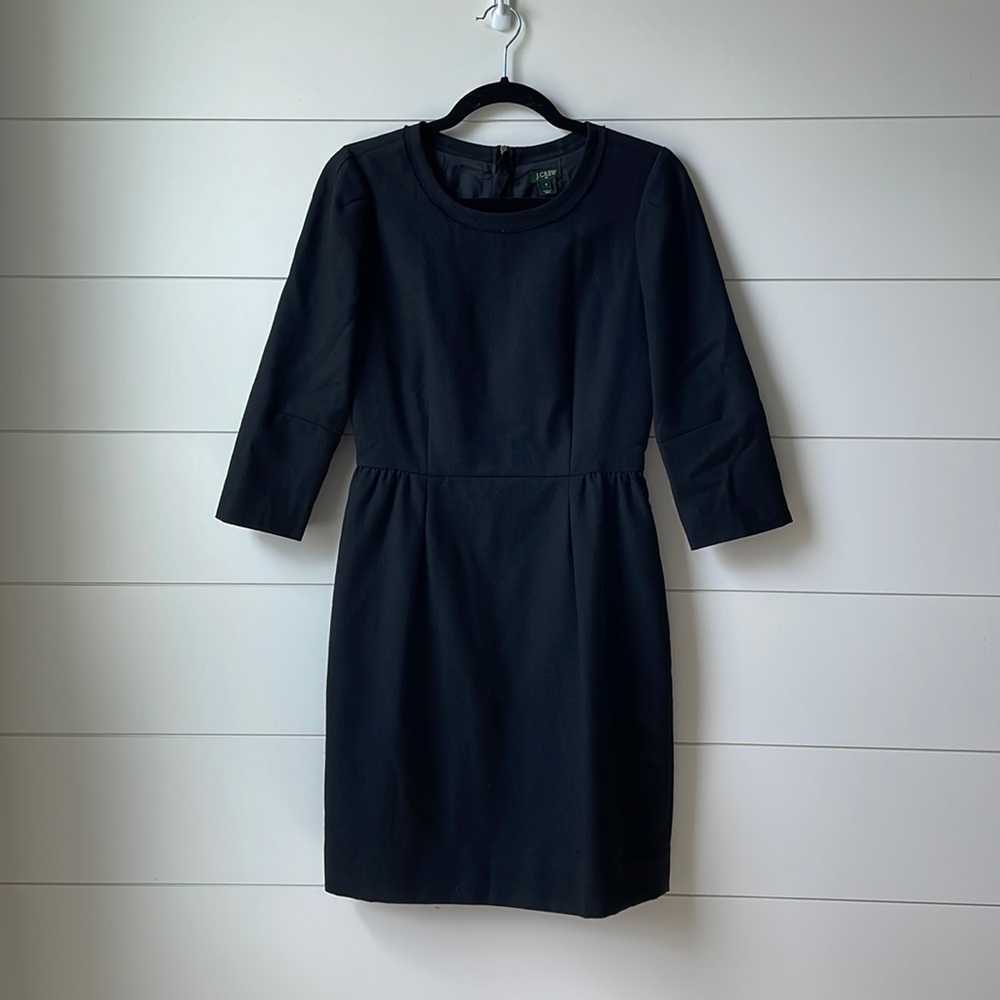J Crew Black Fitted Dress with 3/4 Sleeve in Wool Blend - Size 2